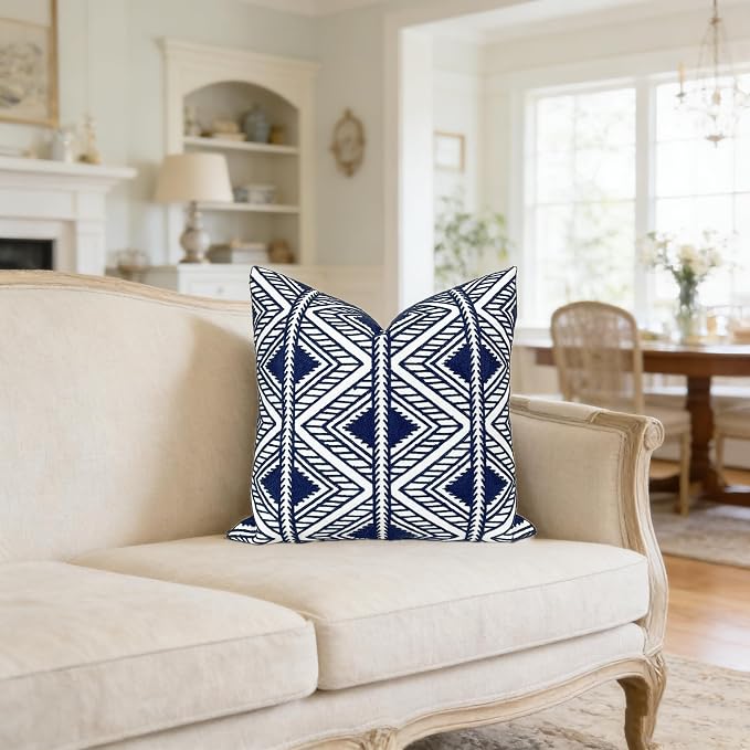Slow Cow Embroidery Decorative Throw Pillow Cover Geometric Design Cushion Cover 18x18 Inches Navy Blue