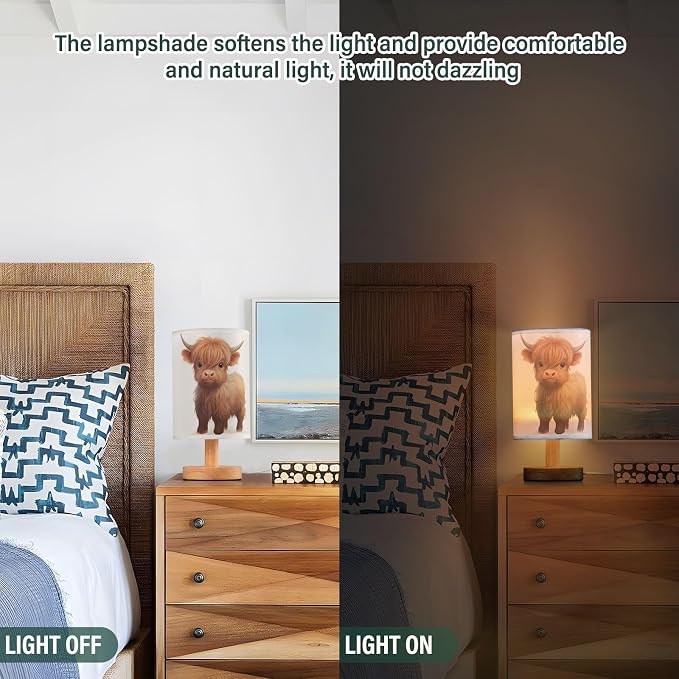 Bedside Table Lamp Cute Highland Cow Animal Nightstand Lamp with Wood Desk Lamps for Bedroom Living Room Nursery Office Home Decor
