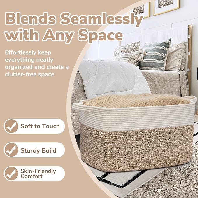 Goodpick Large Woven Blanket Basket, 21.6" x 14.9" x 11.8" Storage Baskets for Organizing, Rectangle Cotton Rope Toy Basket for Living Room, Bedroom, White & Brown (Pack of 3)