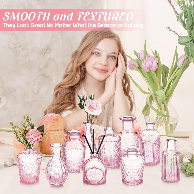 Inbagi 20 Pcs Glass Bud Vase Set - Pink Small Flower Vases Bulk, Vintage Embossed Decorative Bottles for Wedding Valentine Home Table Centerpieces Decor