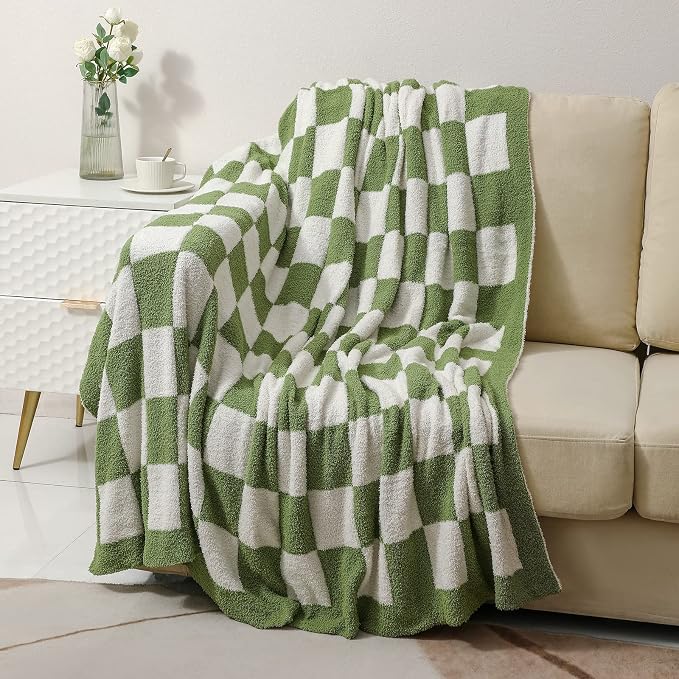bearberry Soft Plush Throw Blanket for Couch, Cozy Warm & Lightweight | Knitted Fluffy Checkered Comfort Home Decor Gift for Women Mom Her, Sofa Chair Bed, 60x80in, Green