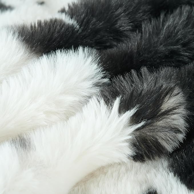 Lotus Karen Faux Fur Throw Blanket Cow Print-Black, Fluffy Fuzzy Plush Bubble Blanket for Couch, 80x60 Inches Cozy Shaggy Rabbit Blanket, Luxury Decorative Gifts for Sofa Bedroom Living Room.