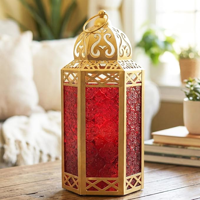 Vela Lanterns 12" Metal Moroccan Decorative Candle Lantern Holders for Hanging or Table, Indoor Home Decor, Outdoor Patio or Porch, Weddings, Gold, Red Glass, Large