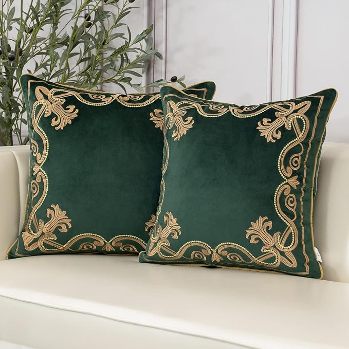 Aeckself European Luxury Velvet Throw Pillow Cover 18 x 18 Inch, Embroidery Floral Pillow Cover Home Decor Pillowcase for Couch Bedroom Living Room, Dark Emerald Green and Gold