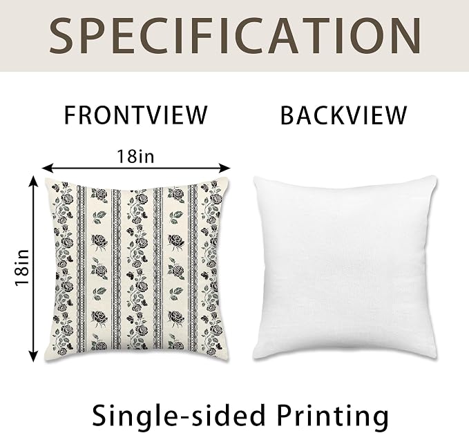 Hexagram Vintage Throw Pillow Covers 18x18, Floral Black Pillow Covers | Black, Set of 2, Boho Farmhouse Neutral Decorative for Couch Pillows, Home Decor, Bedroom, Living Room, No Insert