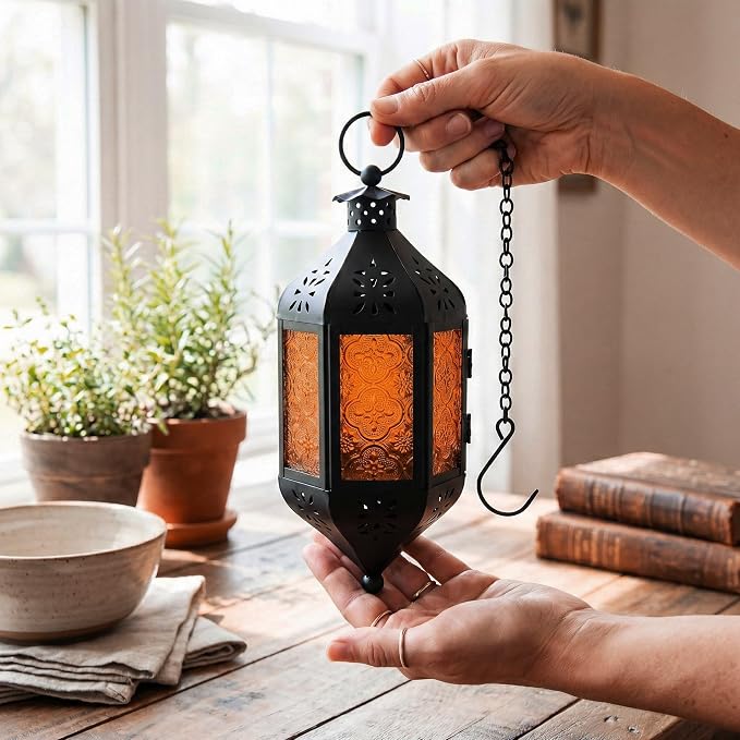 Vela Lanterns Hanging Moroccan Lamp - Exotic Decorative Patio & Porch Decor, Indoor Outdoor Tea Light Candle Lantern Holder with Chain (11" Medium, Amber Glass, 3-Pack)