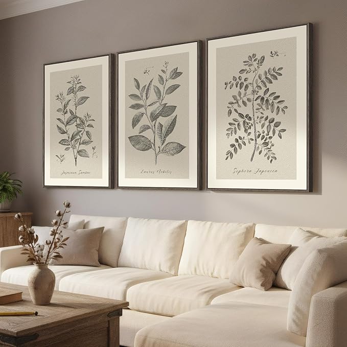 Large Framed 3 Piece Vintage Botanical Wall Art for Living Room, 24x36 In | Rustic neutral plant pictures, Wood frame, Canvas prints, Farmhouse wall decor, Bedroom kitchen hallway dining room artwork
