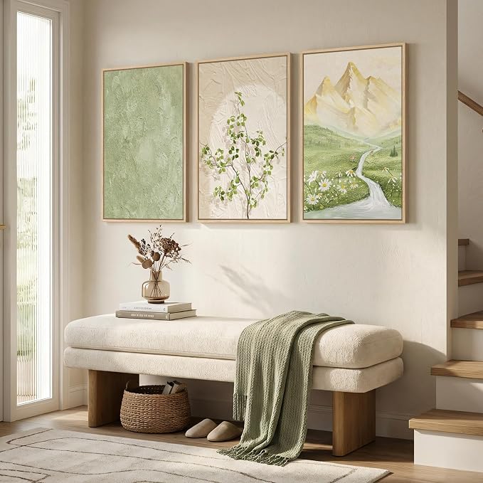 Framed Sage Green Landscape 3 Piece Wall Art for Living Room, Neutral Beige Mountain Botanical Print Canvas Artwork for Walls, Modern Nordic Rustic Nature Wall Decor for Bedroom Home Office, 16x24 In