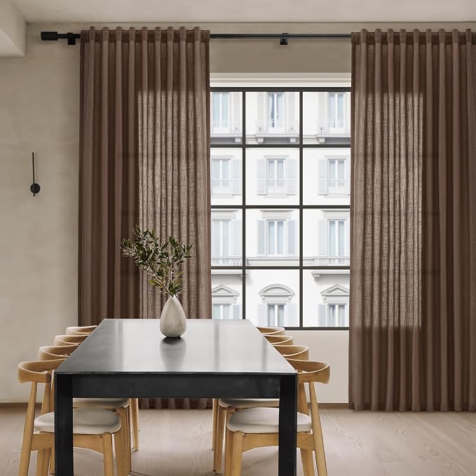 Linen Curtains 96 Inches Long for Living Room Back Tab Semi Sheer Floor to Ceiling 8ft Light Filtering Curtain Boho Farmhouse Decor Window Drapes for Bedroom 52x96 2 Panels Caramel Brown