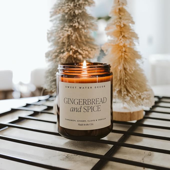 Sweet Water Decor Gingerbread & Spice Christmas Candle, 9oz Amber Jar | Cinnamon, Ginger, Clove & Vanilla Scented Candle for Home, Made in USA, 40+ Hour Burn Time, Secret Santa Christmas Gift