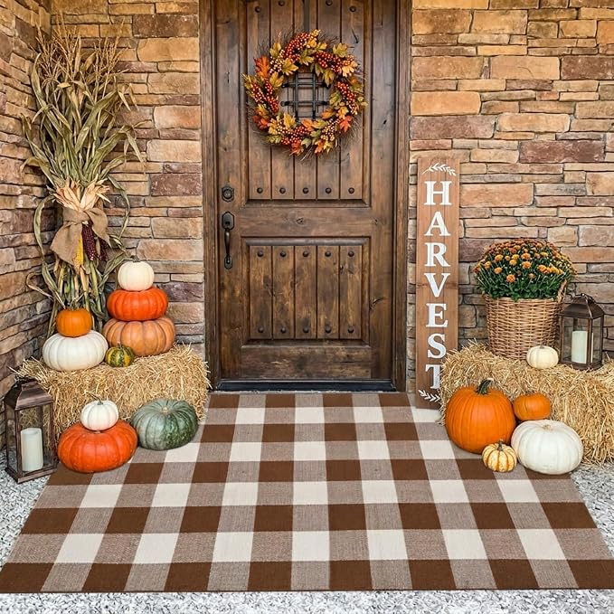 Buffalo Plaid Outdoor Rug 3x5 Ft Coffee and White Checkered Area Rug Washable Fall Doormats Indoor Outdoor Rugs for Layered Front Door Mats, Porch, Entryway, Kitchen, Farmhouse