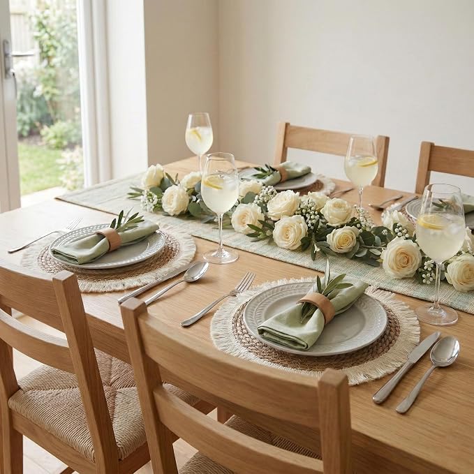 Round Placemats Set of 4, 13.5 in Woven Bulrush Table Mats with Cream Fringe Edge, Charger Plates for Dining Table