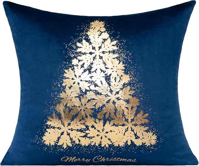 All Smiles Navy Bule Gold Christmas Decorations Throw Pillow Covers Cases 16X16 Set of 4 Winter Xmas Indoor Home Holiday Décor Ornaments Velvet Navidad Cushion for Sofa Tree Snowflake Reindeer