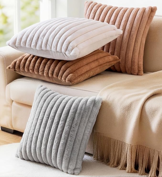 Pack of 2 Throw Pillow Covers 18x18 Decorative Solid Plush Faux Fur with Soft Velvet Back, Square Striped Cushion Cases Modern Farmhouse Home Decor for Living Room Couch Sofa Bed Neutral Gray