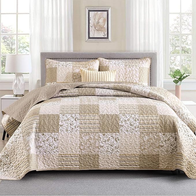 Mybedsoul Beige Boho Quilt King Size, Patchwork Floral Bedding Set | Soft Lightweight Microfiber Reversible Coverlet Set, 3 Pieces Plaid Bedspread, Bed Sets for All Seasons 90"x110"