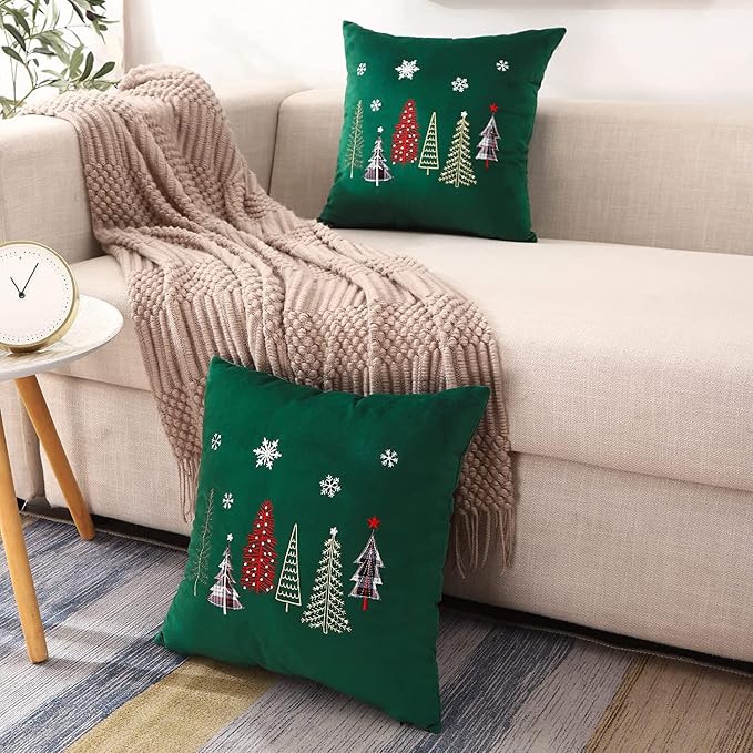 Christmas Embroidery Throw Pillow Covers 24 x 24 inch Set of 2 Xmas Dec Velvet Pillowcases Forest Green Christmas Trees Cushion Pillow Cases Soft Square Holiday Pillowcase