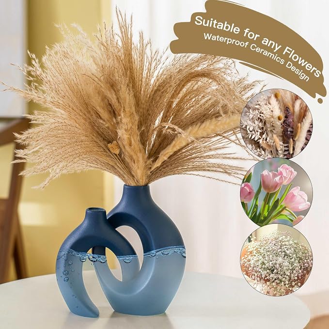 Lvases Snuggle Hollow Ceramic Flower Vaseof 2, Matte Navy Blue Home Decor | 8.4" Minimalist Nordic Boho Pampas Grass Decorative Vase Modern Aesthetic Ins Style Living Room Coffee Table Centerpieces