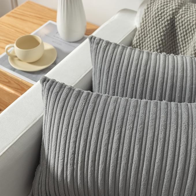 Kevin Textile Striped Corduroy 14”x36” Pillow Cover 1 Pack, Light Grey