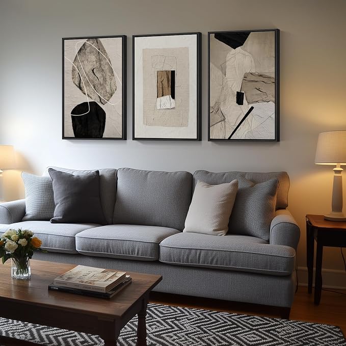 Large Framed Neutral Abstract Wall Art for Living Room,Set of 3, 24x36 In | Black and beige modern pictures, Canvas prints, Minimalist painting, Artwork for walls, Wall decor for bedroom office hallway