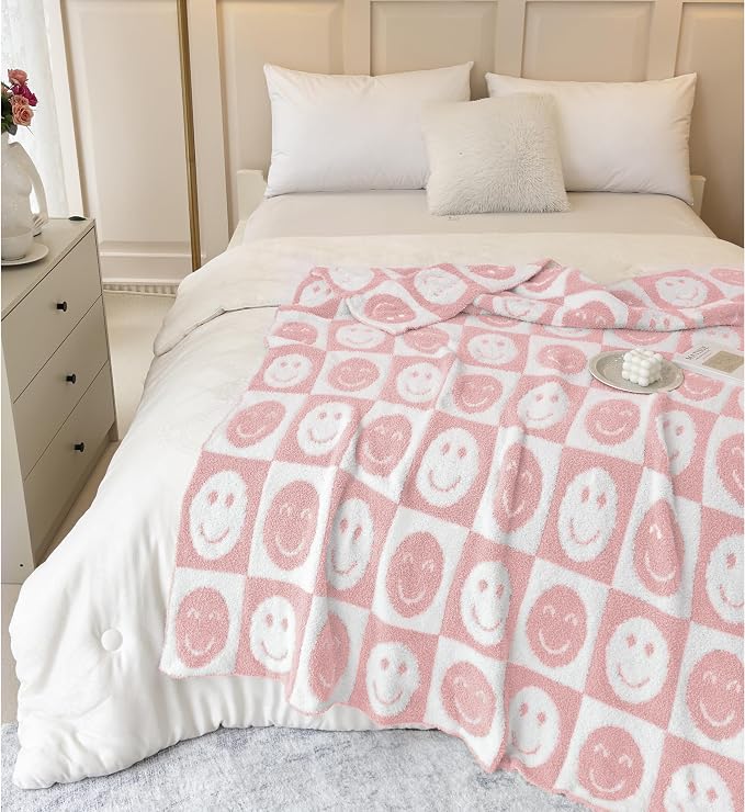 Ultra Soft Cozy Happy Smiling Face Checkered Knitted Baby Blanket - Fluffy Microfiber Checkerboard Lightweight Both Sides Blanket for Couch Sofa Bed (Smile Pink, Baby 30"x40")