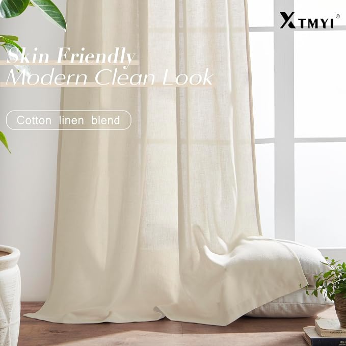 XTMYI Beige 100 Inches Long Country Curtains for Living Room,Sheer Linen Shabby Chic Curtains for Bedroom,50 Inches Wide