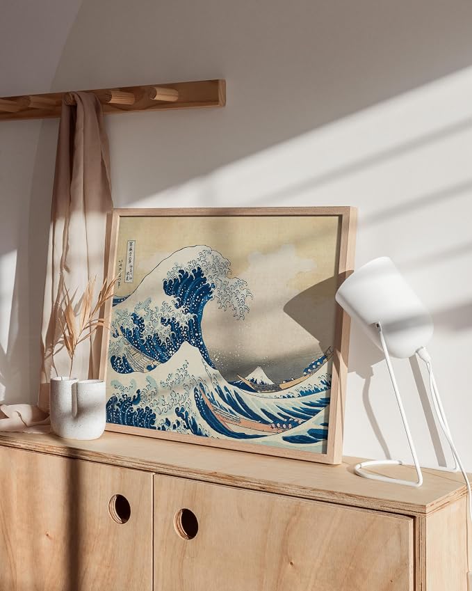 HAUS AND HUES Japanese Traditional Art - Hokusai Classic Kanagawa Wave Print, The Great Wave Poster Japanese Art Wall Decor, Japan Poster Wave Wall Art, Japandi Wall Art (Beige Frame, 16x20)