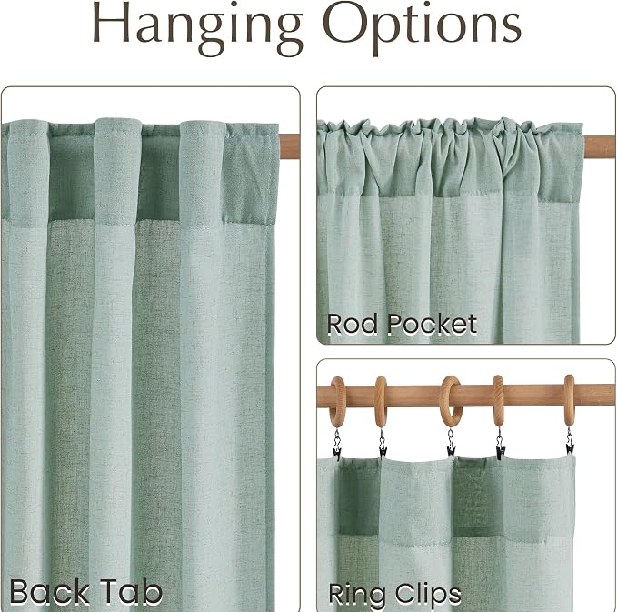 NICETOWN Linen Blend Sage Green Curtains 96 inches Long, Rod Pocket & Back Tab Light Filtering Semi Sheer Window Treatments Privacy Added Drapes for Living Room, W55 x L96, 2 Panels