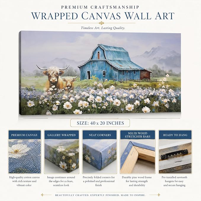 Anolyfi Farmhouse Highland Cow Canvas Wall Art for Living Room 40"x20" | HD Print, Waterproof Canvas, Easy to Hang, Durable and Colorfast, Country Barn Wall Decor for Bedroom Office Hallway Home