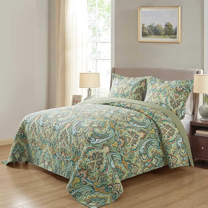 NEWLAKE Cotton Bedspread Quilt Sets-Reversible Patchwork Coverlet Set, European Green Floral Pattern, King Size