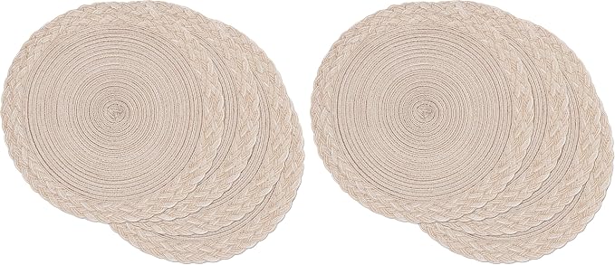 SHACOS Round Placemats Set of 4 Boho Braided Border 15 inch Circle Place Mats Washable Fabric Table Mats for Kitchen Dining Table, Beige (Pack of 2)