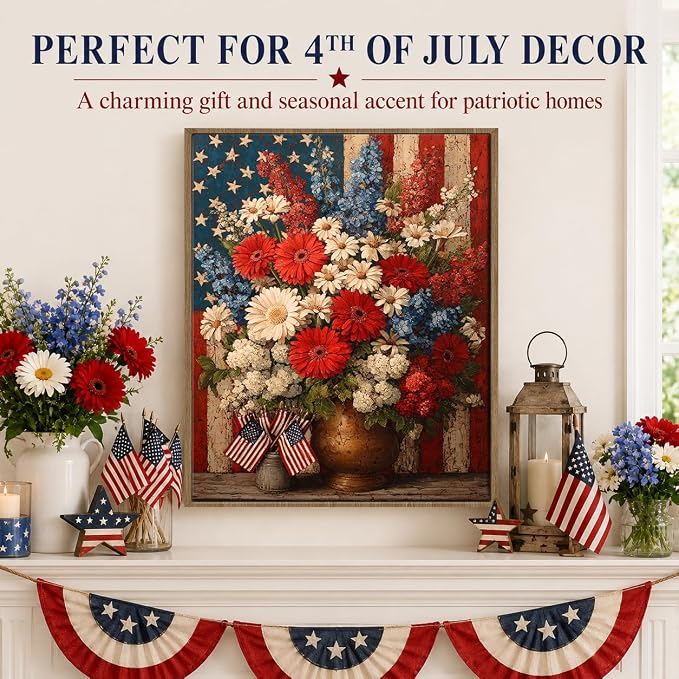 American Flag Framed Canvas Wall Art, 4th of July Patriotic Canvas Prints | Boy Holding USA Flag Poster Print, Modern Independence Day Wall Decor for Living Room Kids Room Dining Room Office 24×32in
