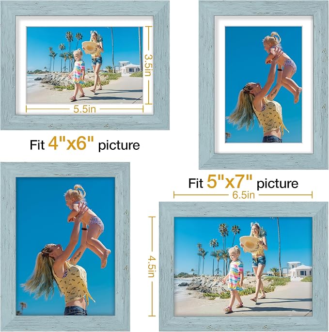 Vittanly 5x7 Picture Frames Set of 9, Wall & Tabletop, Rustic Blue | Display Pictures 4x6 with Mat or 5x7 without Mat, Small Photo Frames, Engineered Wood with Shatter Resistant Plexiglass