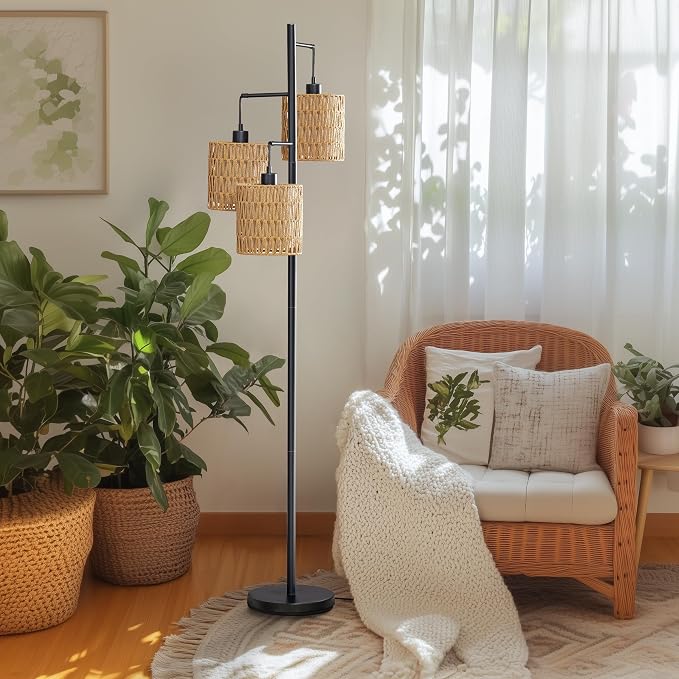 Maxax 65" Boho Rattan Floor Lamp for Living Room, 3 Lights Farmhouse Tree Standing Lamp with Rattan Shades, Multi Head Vintage Tall Floor Lights for Bedroom, Living Room, Office