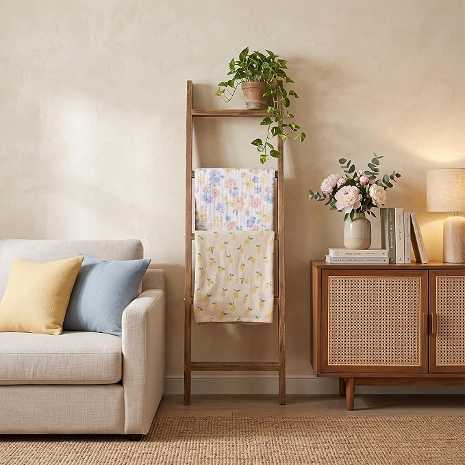 MyGift 4ft Tall Rustic Burnt Natural Wood Wall Leaning Blanket Ladder Shelf with 5 Rungs, Decorative Living Room Throw and Quilt Holder, Farmhouse Bedroom Decor | Five Tier Design, Space Saving Display, Living Room Cozy Home Accent, Decorative Organiza...