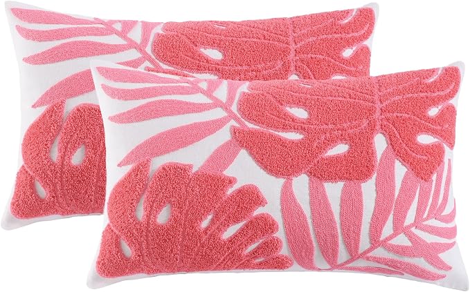 Embroidered Throw Pillow Covers 12x20 Pack of 2 Pink Botanical Leaf