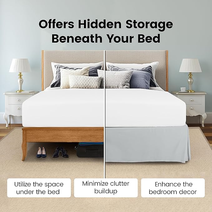 Queen Bed Skirt, Hides Under-Bed Storage 16 Inch Drop, Pleated, Light Grey | Easy Fit Design, Shrinkage & Fade Resistant, Hotel Style, Microfiber Durable Fabric, Machine Washable
