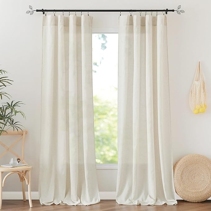 RYB HOME Linen Sheer Curtains 2 Panels for Living Room, Semi Transparent Privacy Drapes with Rod Pocket Farmhouse Style Window Treatments for Bedroom, Linen, 52" W x 90" L