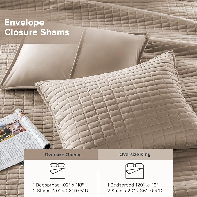 Comfort Spaces - CS13-0933 Kienna Quilt Coverlet Bedspread Ultra Soft Hypoallergenic All Season Lightweight Filling Stitched Bedding Set, Oversized Queen(102"x118"), Taupe 3 Piece | Coverlet for Summer Soft Cozy Lightweight All Season Quilted Extra Lay...