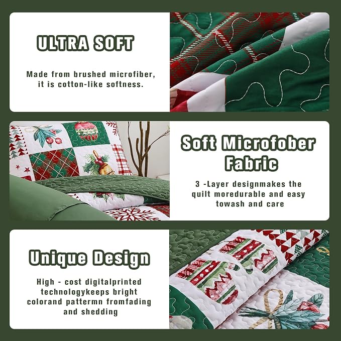 Mybedsoul Christmas Quilt Set King Size, Christmas Patchwork Bedding Set | 3 Pieces Snowflake Wreaths Pine Holiday, Red Vanilla Grid Coverlet Bedspread Coverlet with 2 Pillowcases for All Seasons