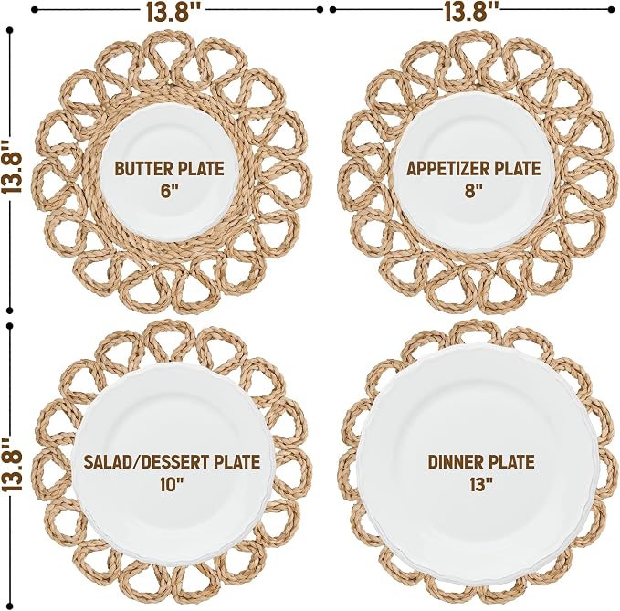 13.8" Corn Husk Woven Round Placemats Set of 6 - Wicker Boho Farmhouse Placemats - Rattan Table Mats Like Water Hyacinth for Dining Table, Wedding, Home