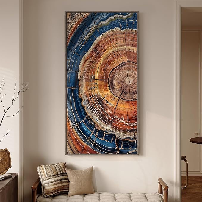 Large Framed Vertical Vintage Tree Ring Wall Art for Living Room, 30x60 In | Rustic, Farmhouse, Nature, Wood grain, Large, Office wall art, Foyer wall decor, Ready to hang, Wood frame, Canvas artwork