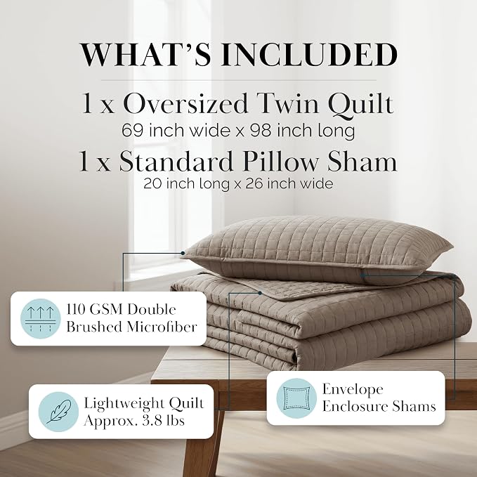 Southshore Fine Living, Inc. Quilt Comforter Twin XL Bedding Set for College Dorm Room, Bedding Essentials, Stain Resistant, Machine Washable Bed Spread, XL/Twin Comforter Set with Sham, Dark Taupe