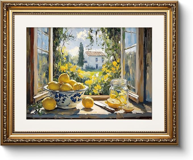 WHASAYART Vintage Gold Framed Bowl and Jar Lemon Canvas Wall Art 13x16 Inch | Summer Rustic Cottage Farmhouse Window Scene Garden View Painting, Dining Room Still Life Home Kitchen Wall Decor