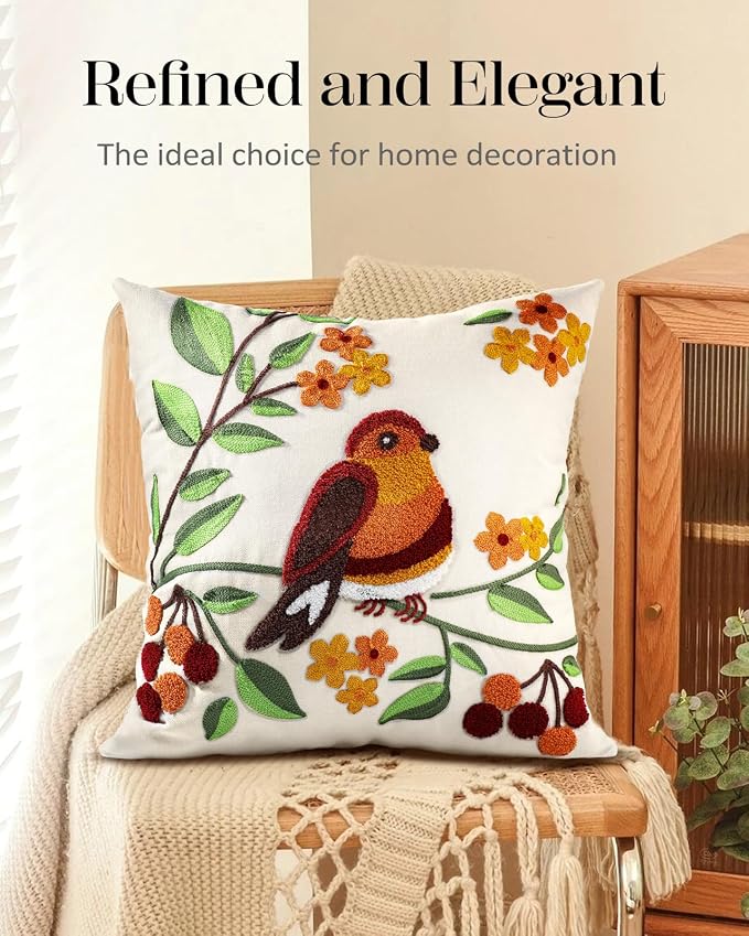 Embroidered Throw Pillow Cover - 18x18 Decorative Pillow Cover with Zipper Aesthetic Cute Design Boho Spring Summer Throw Pillowcase for Living Room Couch Sofa Bed, Tree Bird