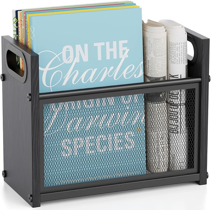 Black Magazine Holder, Wood Magazine Rack Floor, Mesh Magazine File Holder, Magazine Storage Basket, Magazine Holders for Classroom, Magazine Stand for Desk, Folder Organizer Bin for Books