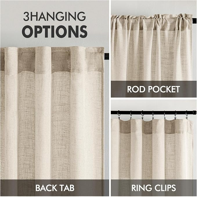 MIULEE Beige Linen Curtains 52x90 Inch 2 Panels for Bedroom Living Room | Long, Soft Linen Textured Window Drapes, Semi Sheer Light Filtering, Back Tab Rod Pocket, Farmhouse Modern Burlap Look Decor