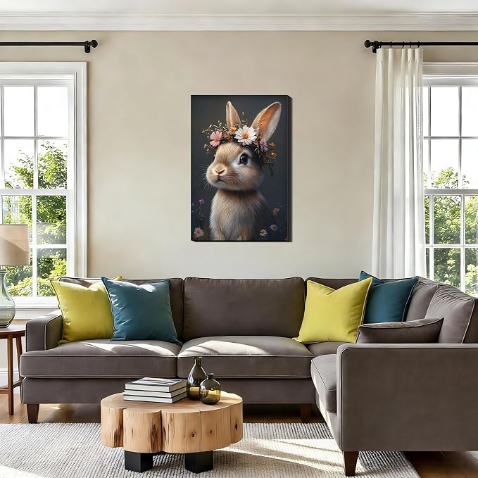Easter Bunny with Flower Wreath Canvas Wall Art, Spring Animal Poster Prints for Nursery Wall Decor, Easter Rabbit Pictures for Living Room Bedroom Kid's Room Holiday Decoration