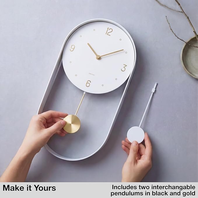 Driini Modern Pendulum Wall Clock – Small Vertical Design in White and Gold | Silent battery-operated timepiece, metal frame – 16 inches tall with an 8-inch face, a contemporary grandfather style.