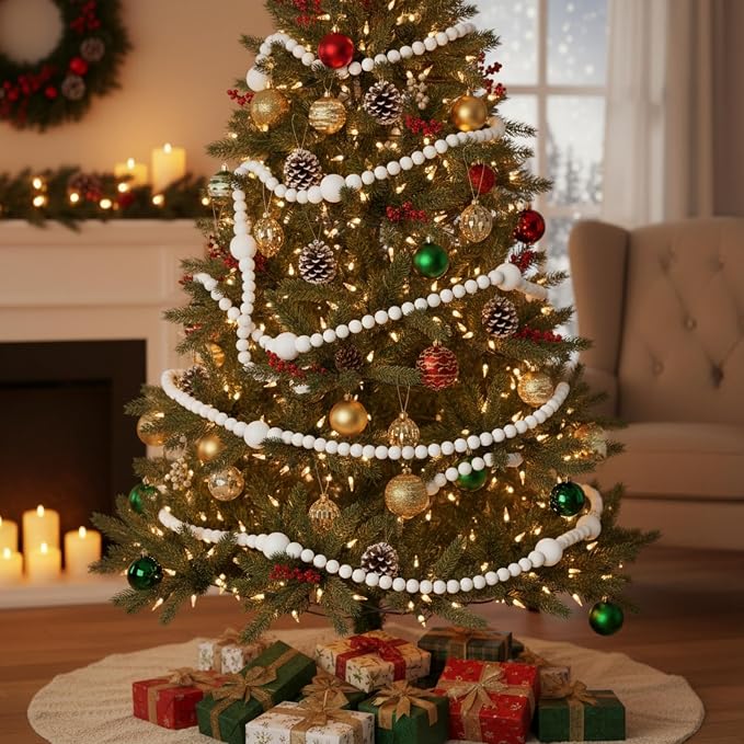12 Feet Summer Christmas Wooden Beads Garland Round Craft Farmhouse Vintage Christmas in July Wood Bead Garlands for Xmas Supplies(White)
