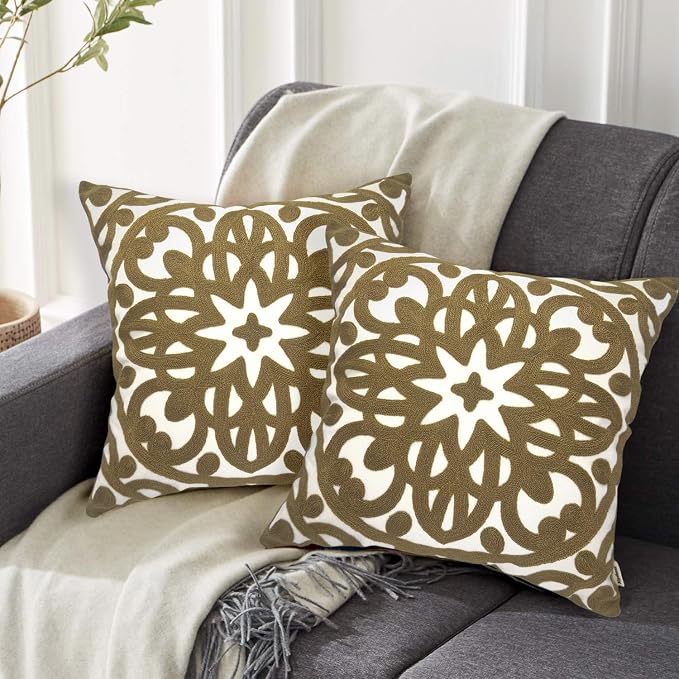 Alysheer Embroidered Summer Decorative Throw Pillow Covers 18"x18" Set of 2, Classic Boho Mandala Green Pattern Cotton Canvas Chic Cushion Cases for Sofa Couch Bed Living Room Decor (Taupe Khaki)